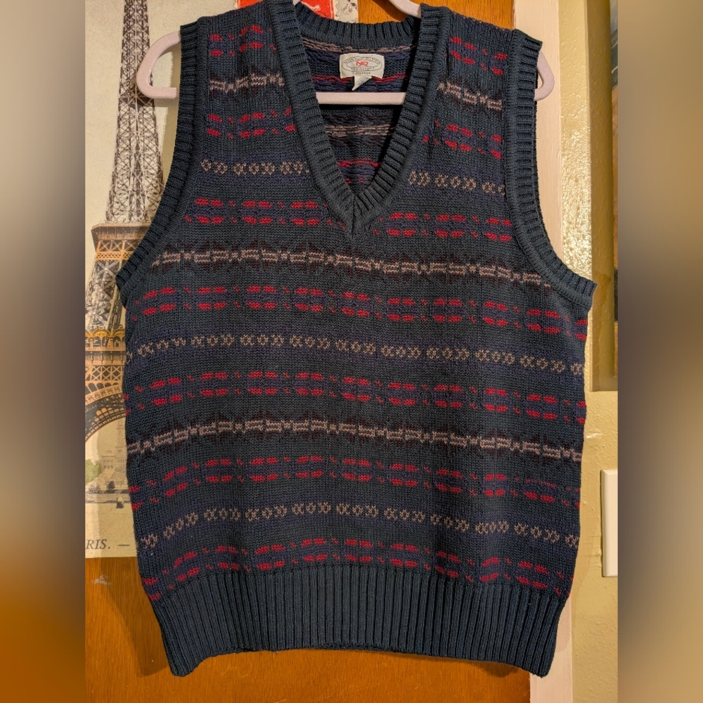 Red and Blue V-Neck Sweater with Geometric Design